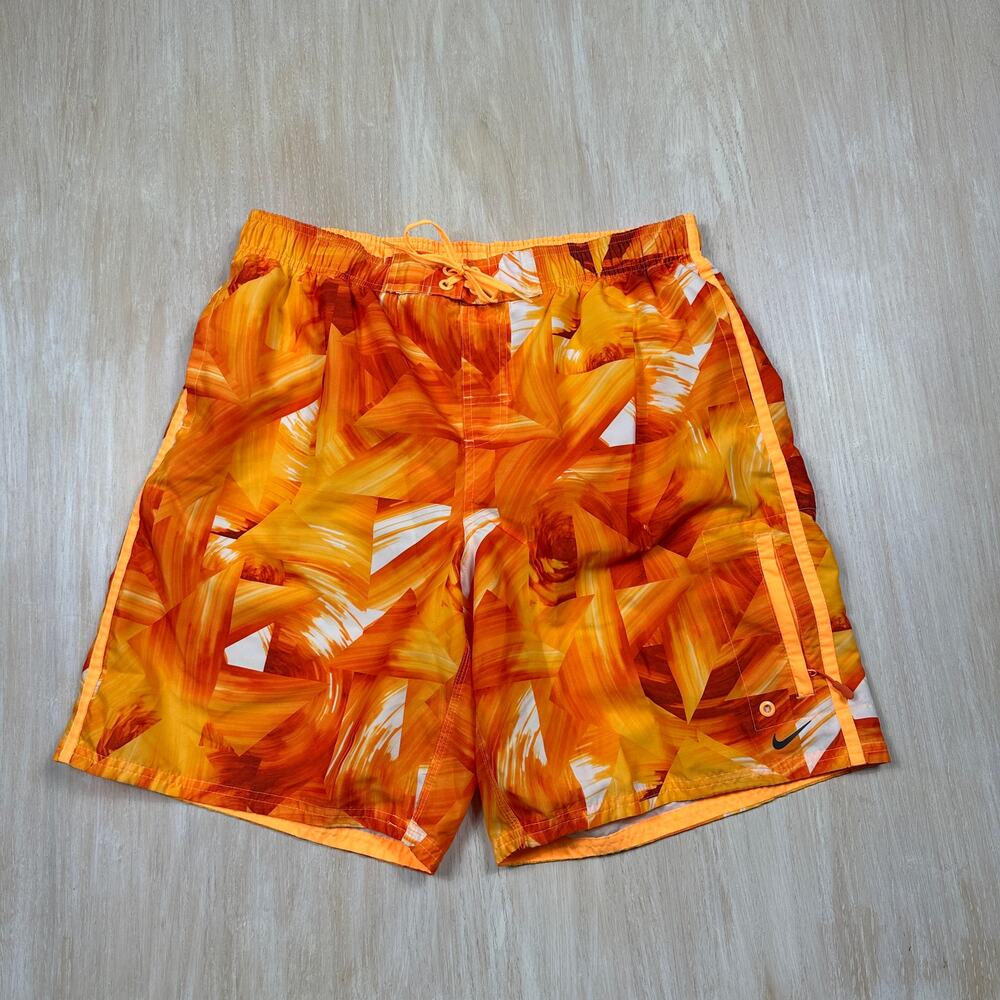 Nike Swim Trunks Board Shorts Orange Yellow Abstract Print Mesh Liner Pockets XL
